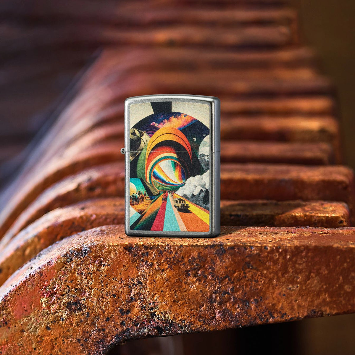Zippo Trippy Travel Design Satin Chrome Pocket Lighter