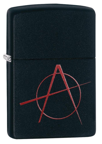Red Anarchy Symbol on Black Matte Windproof Lighter standing at a 3/4 angle