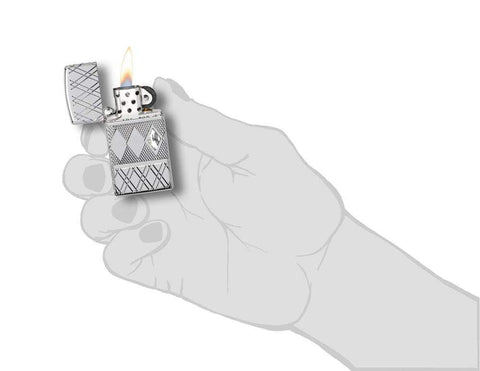 Front view of the Diamond Pattern Design Lighter in hand, open and unlit
