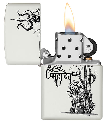 Shiva's Trishul White Matte Pocket Lighter with its lid open and lit