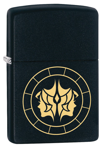 Front of Gemini Zodiac Sign Design Black Matte Windproof Lighter standing at a 3/4 angle