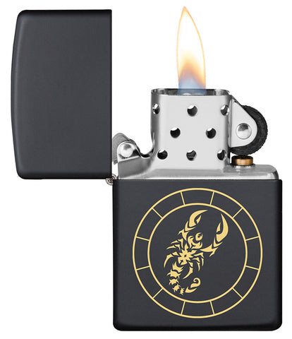  Scorpio Zodiac Sign Design Black Matte Windproof Lighter with its lid open and lit