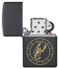  Scorpio Zodiac Sign Design Black Matte Windproof Lighter with its lid open and not lit
