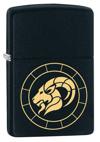 Front shot of Capricorn Zodiac Sign Design Black Matte Windproof Lighter standing at a 3/4 angle
