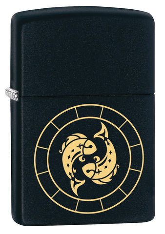 Front shot of Pisces Zodiac Sign Design Black Matte Windproof Lighter standing at a 3/4 angle