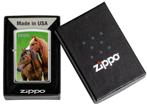 Two Horses Design Windproof Pocket Lighter in its packaging.