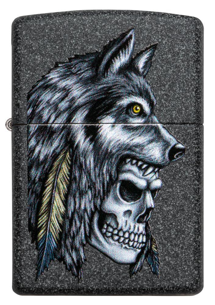 Wolf Skull Feather Design Iron Stone Pocket Lighter