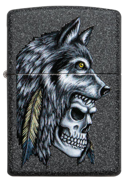 Wolf Skull Feather Design Iron Stone Pocket Lighter