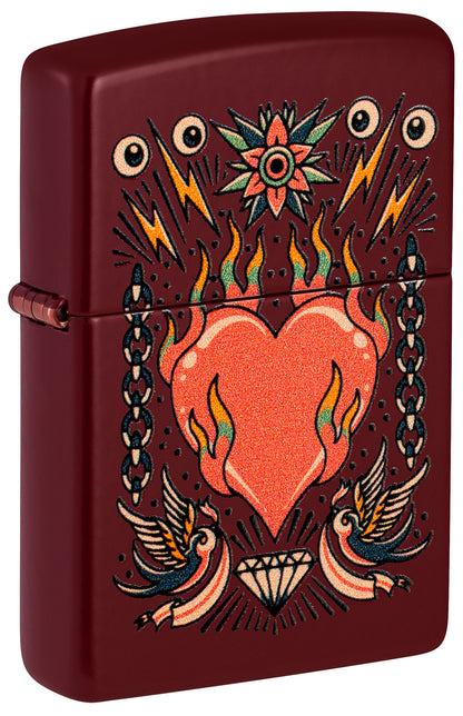 Zippo Tattoo Heart Design Windproof Pocket Fuel Refillable Lighter, BIS Certified