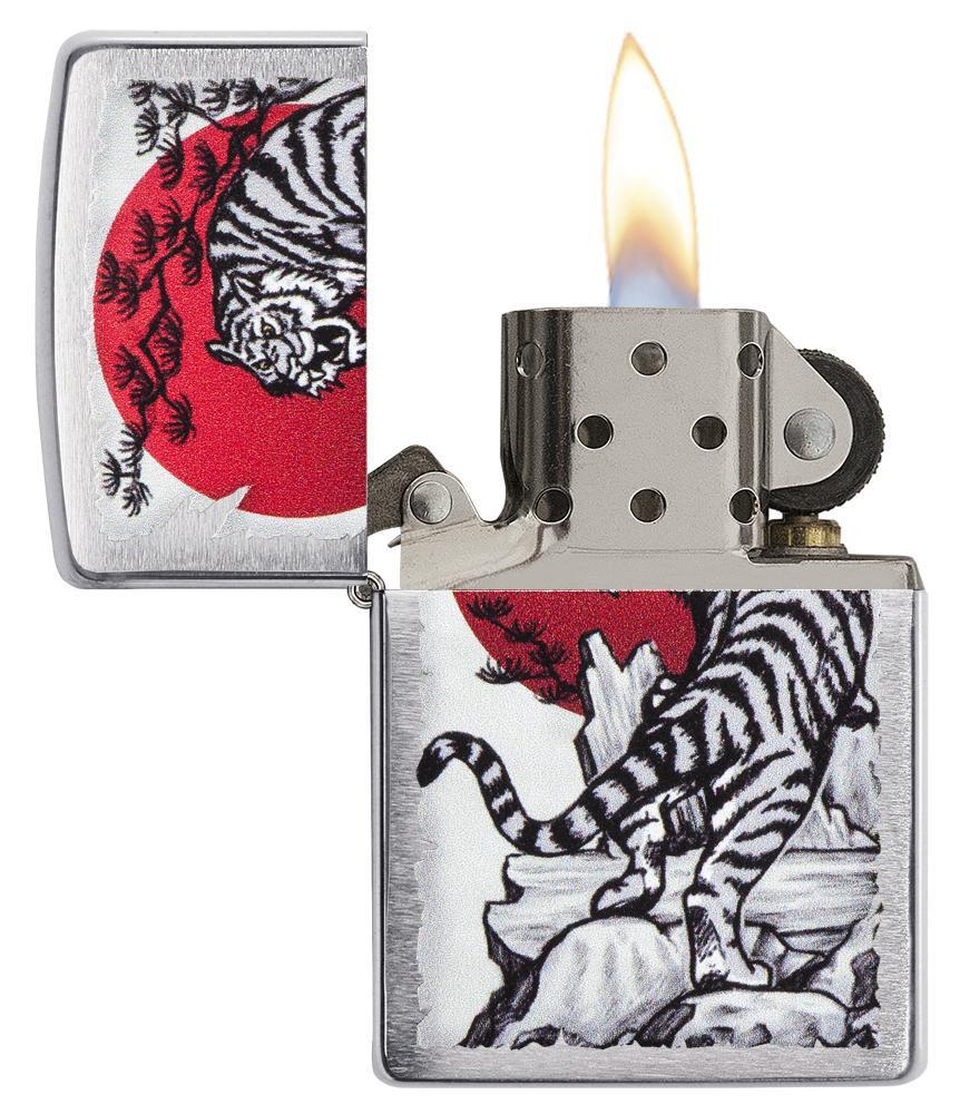 Asian Tiger Design Brushed Chrome Pocket Lighter