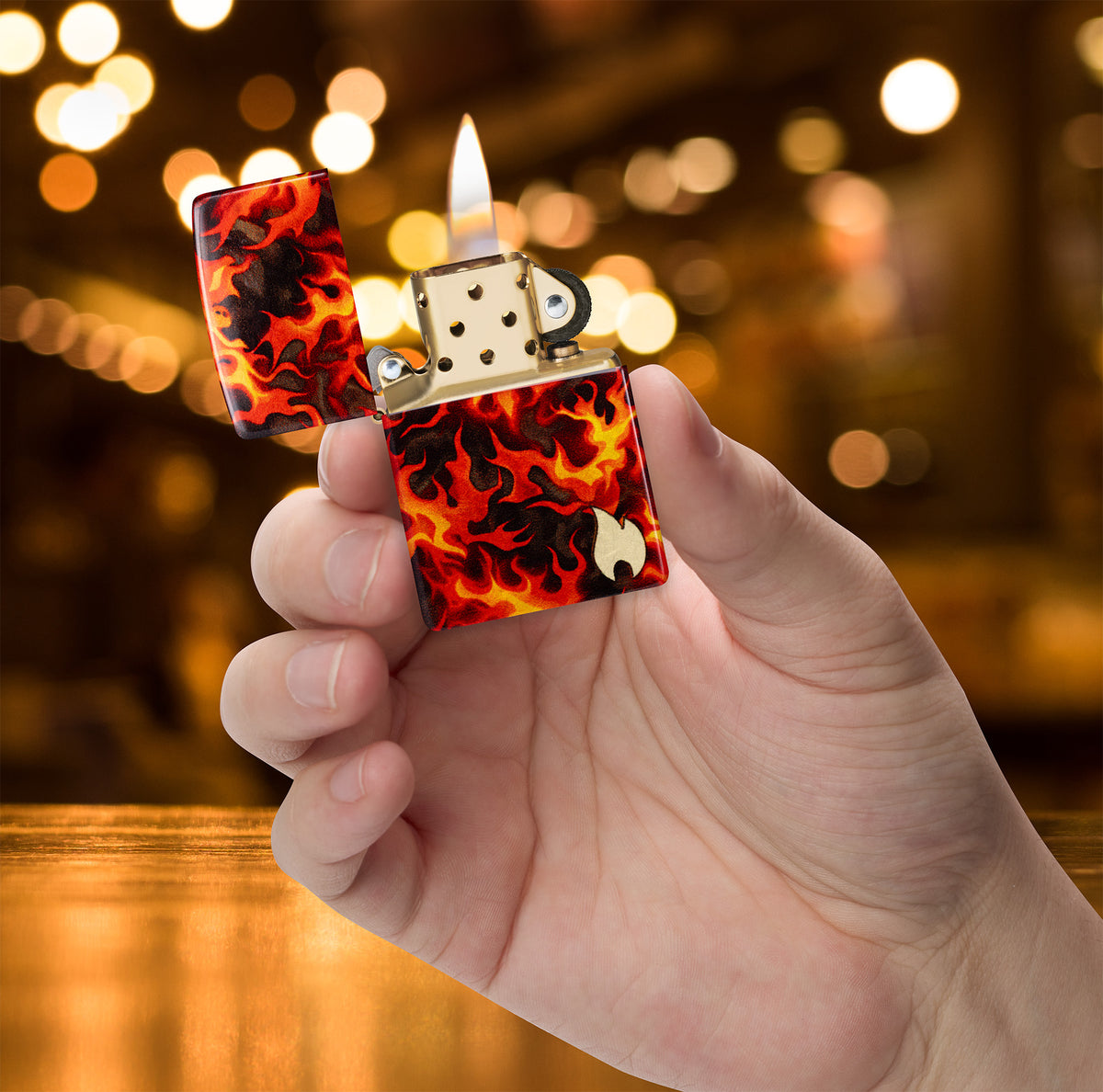 Zipp Flaming Zippo Design Windproof Pocket Fuel Refillable Lighter, BIS Certified