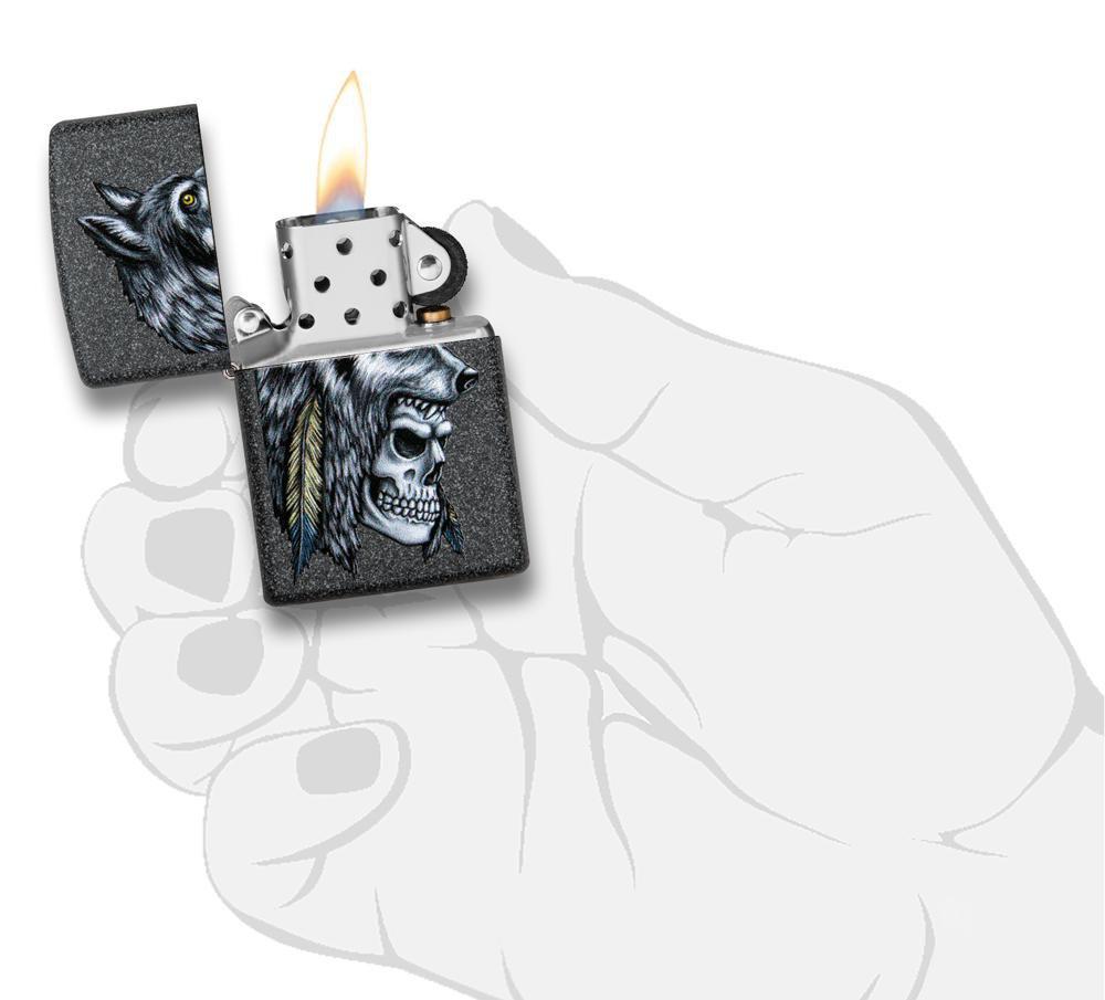 Wolf Skull Feather Design Iron Stone Pocket Lighter
