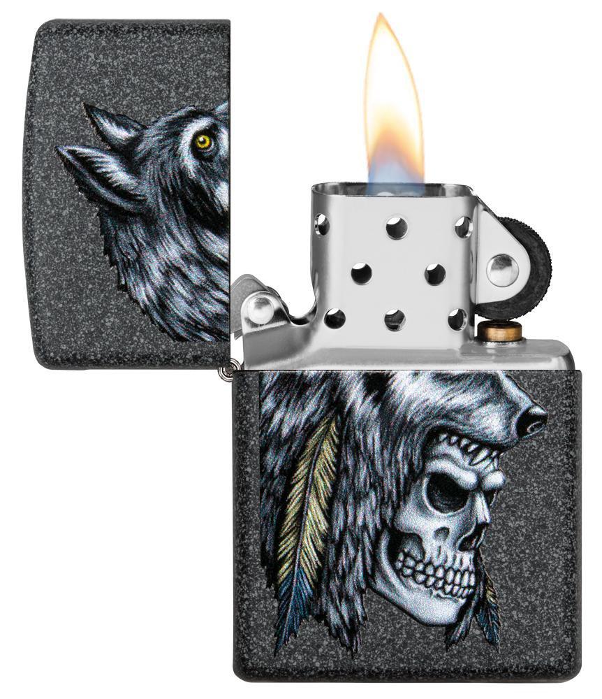Wolf Skull Feather Design Iron Stone Pocket Lighter