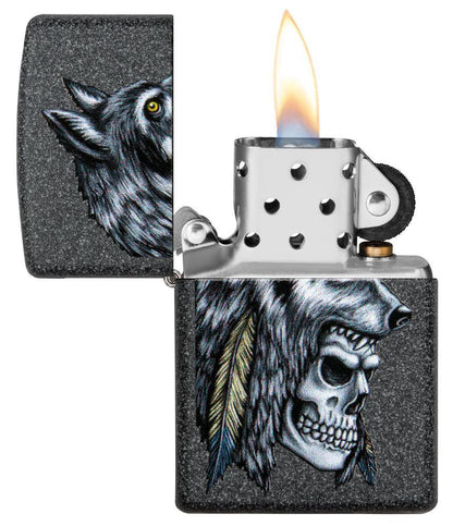 Wolf Skull Feather Design Iron Stone Pocket Lighter