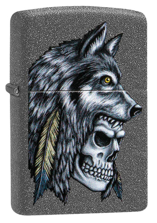 Wolf Skull Feather Design Iron Stone Pocket Lighter