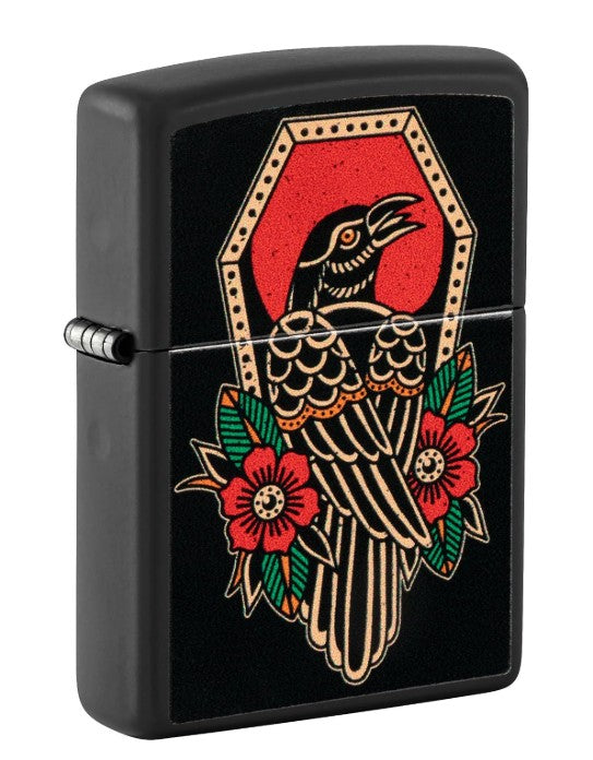 Zippo Crow Tattoo Windproof Lighter – Bold Raven-Inspired Ink Design, Color Image on Matte Finish, Refillable
