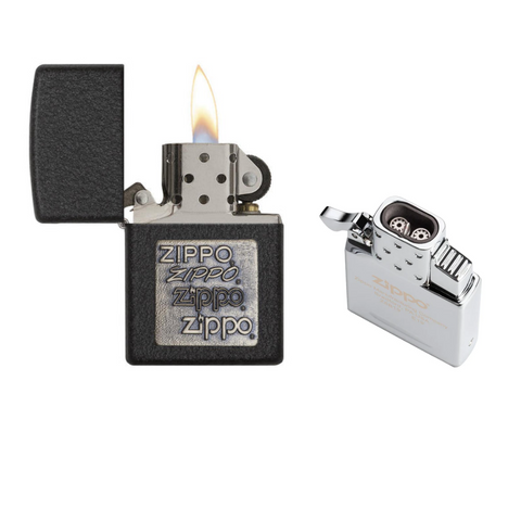 Black Crackle Gold Zippo Logo and FREE Double Torch Butane Insert