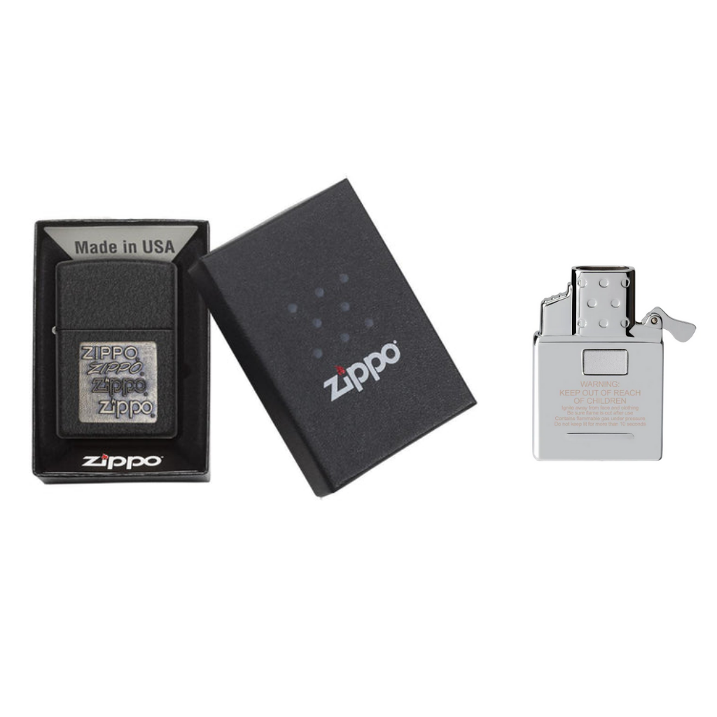 Black Crackle Gold Zippo Logo and FREE Double Torch Butane Insert