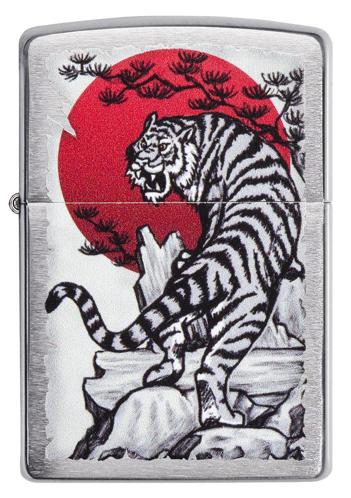 Asian Tiger Design Brushed Chrome Pocket Lighter