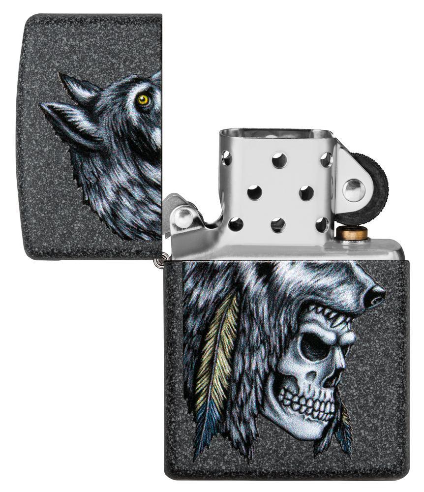 Wolf Skull Feather Design Iron Stone Pocket Lighter