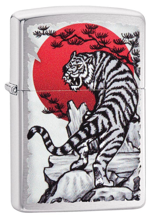 Asian Tiger Design Brushed Chrome Pocket Lighter