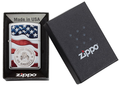 America Stamp on Flag High Polish Chrome Pocket Lighter