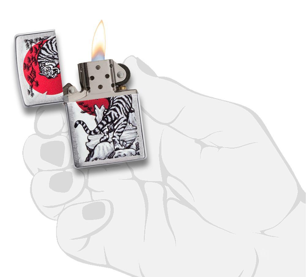 Asian Tiger Design Brushed Chrome Pocket Lighter