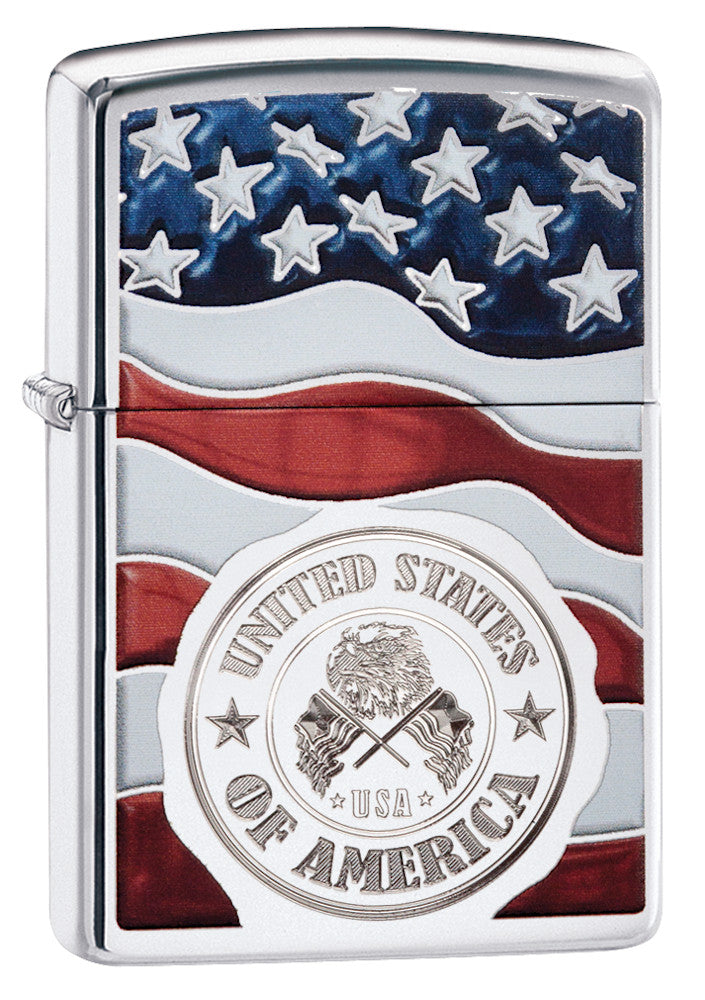 America Stamp on Flag High Polish Chrome Pocket Lighter