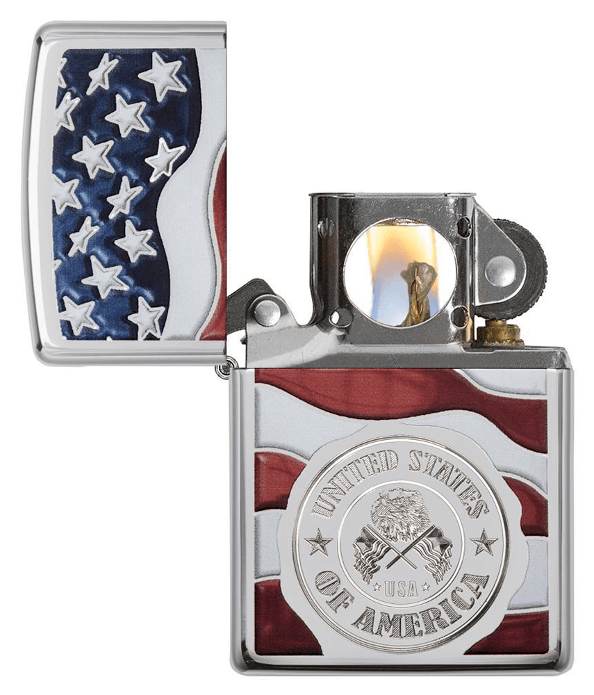 America Stamp on Flag High Polish Chrome Pocket Lighter