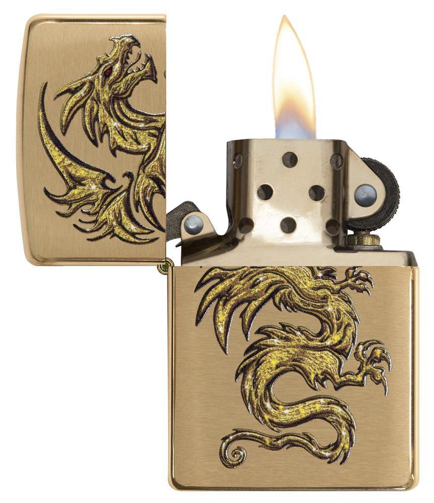 Dragon Design Brushed Brass Pocket Lighter