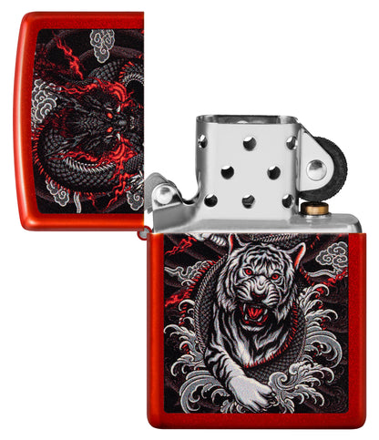 Zippo Dragon Tiger Design Metallic Red Pocket Lighter