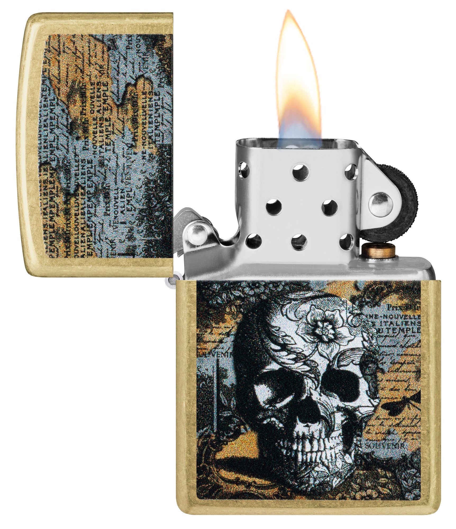 Zippo Floral Skull Design Street Brass Pocket Lighter