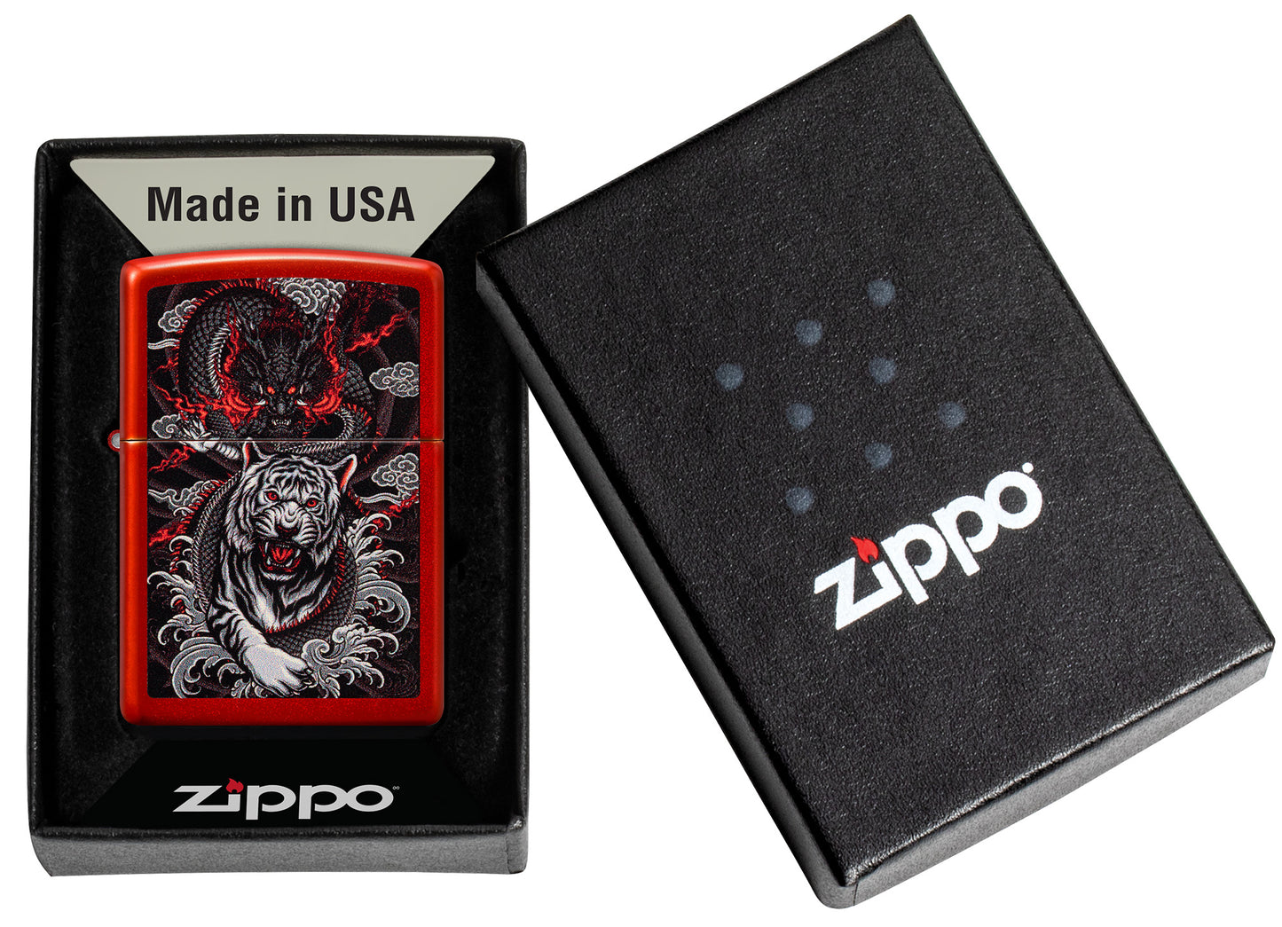 Zippo Dragon Tiger Design Metallic Red Pocket Lighter