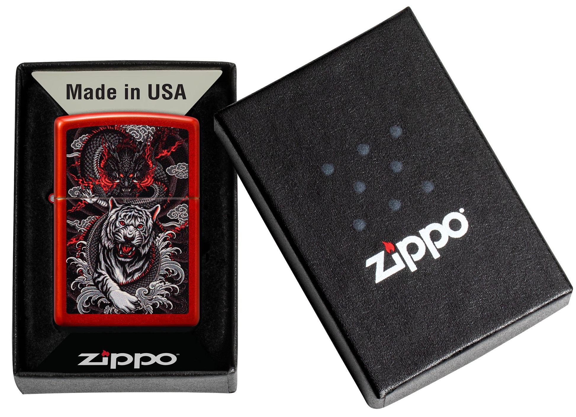 Zippo Dragon Tiger Design Metallic Red Pocket Lighter