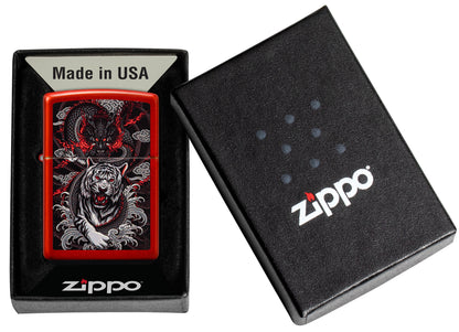 Zippo Dragon Tiger Design Metallic Red Pocket Lighter