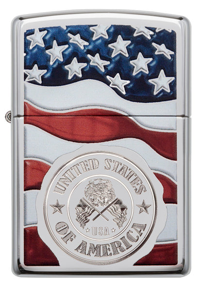 America Stamp on Flag High Polish Chrome Pocket Lighter