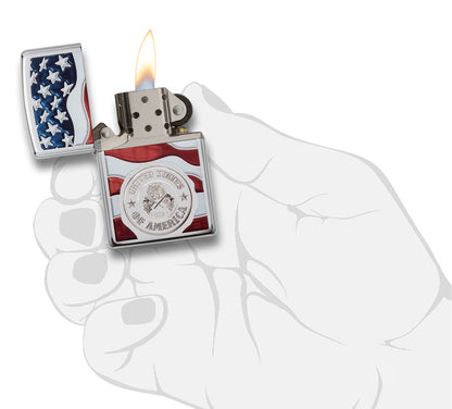 America Stamp on Flag High Polish Chrome Pocket Lighter
