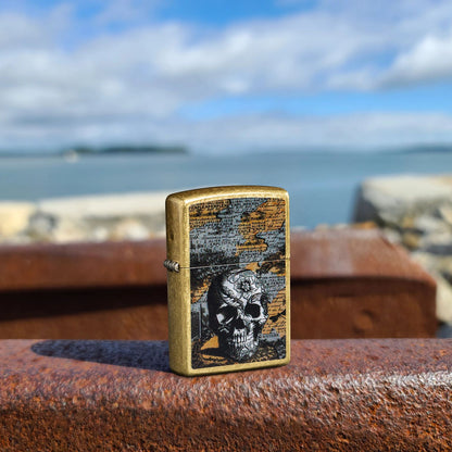 Zippo Floral Skull Design Street Brass Pocket Lighter