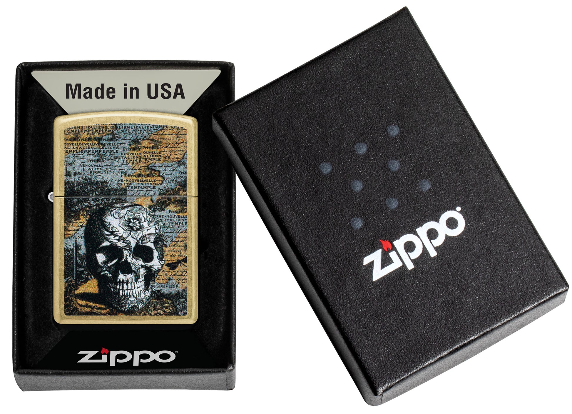 Zippo Floral Skull Design Street Brass Pocket Lighter