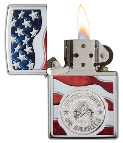 America Stamp on Flag High Polish Chrome Pocket Lighter