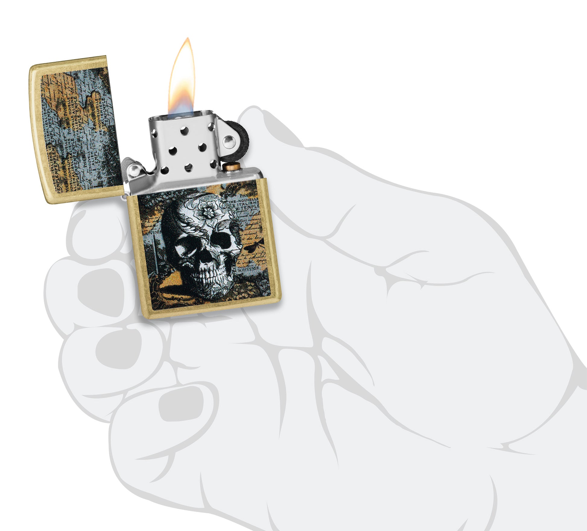 Zippo Floral Skull Design Street Brass Pocket Lighter