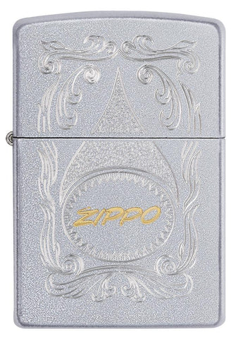 Front shot of Zippo Gold Script Satin Chrome Windproof Lighter