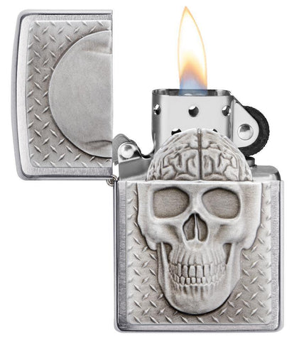 Skull with Brain Surprise Windproof Lighter open and lit