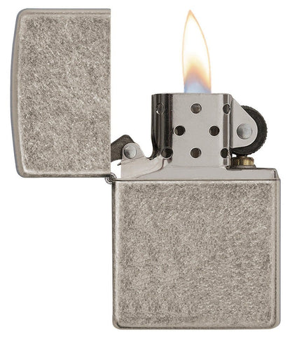 Armor®  Antique Silver Plate Windproof Lighter with lid open and lit