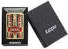 Front view of the Jazzy Zippo Logo with Red Vintage Embellishments, Fusion Process, closed in one box packaging