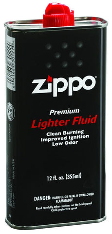 Font of Zippo Lighter Fuel 12 oz can standing at a 3/4 angle