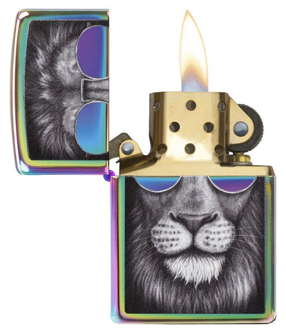 Spectrum Lion in Sunglasses Windproof Lighter with its lid open and lit