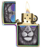 Spectrum Lion in Sunglasses Windproof Lighter with its lid open and lit