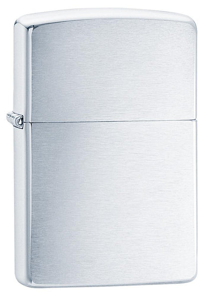 Armor® Brushed Chrome Windproof Lighter standing at a 3/4 angle