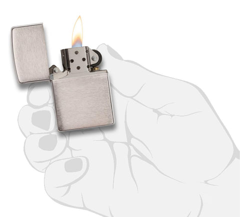 Armor® Brushed Chrome Windproof Lighter lit in hand